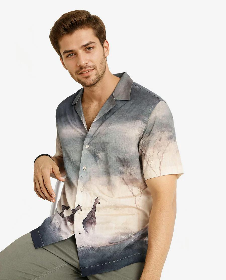 Cuban Collar, Giraffe Print Shirt - Premium Rayon, Dusky Green