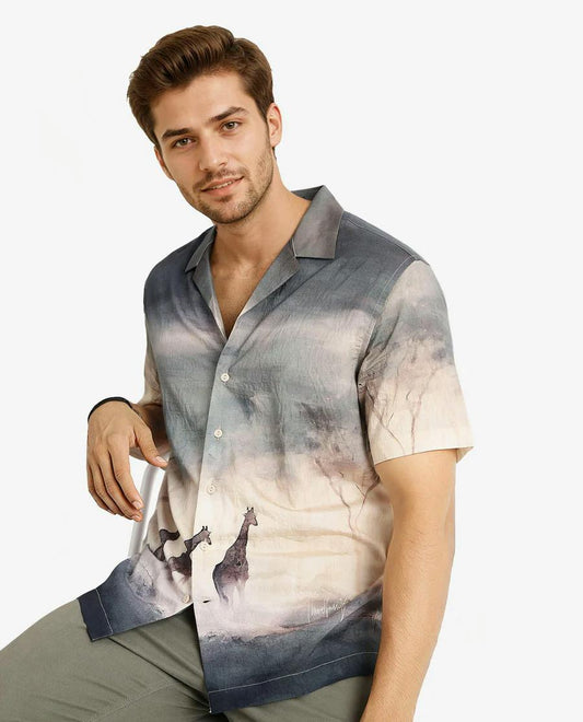 Cuban Collar, Giraffe Print Shirt - Premium Rayon, Dusky Green