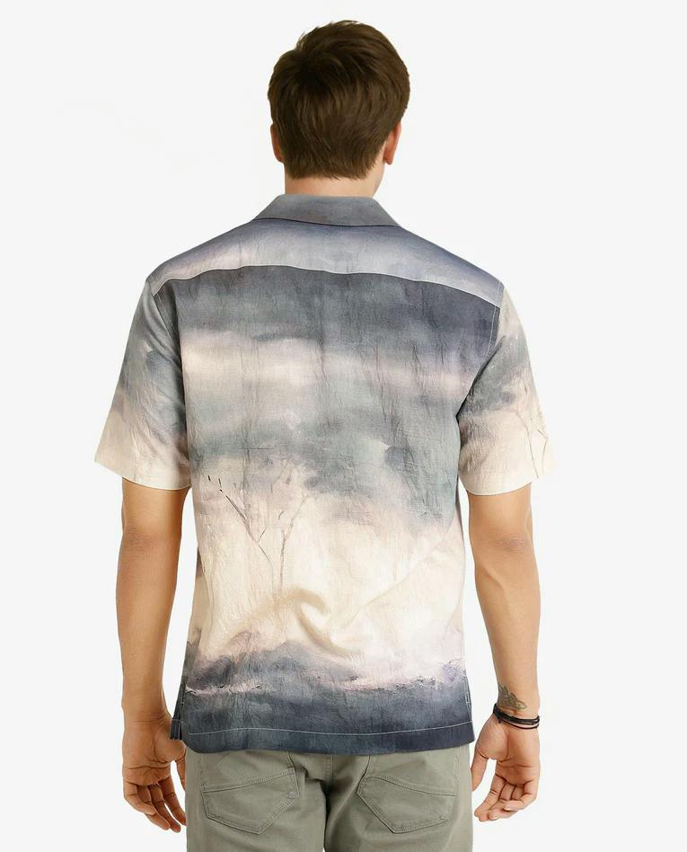 Cuban Collar, Giraffe Print Shirt - Premium Rayon, Dusky Green