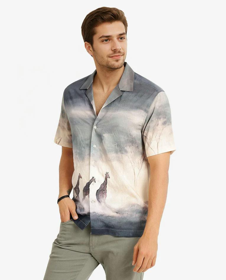 Cuban Collar, Giraffe Print Shirt - Premium Rayon, Dusky Green