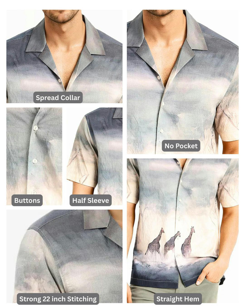Cuban Collar, Giraffe Print Shirt - Premium Rayon, Dusky Green