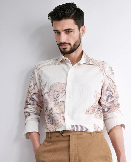 Collared Neck Floral Print Viscose Blend Shirt Taks - White