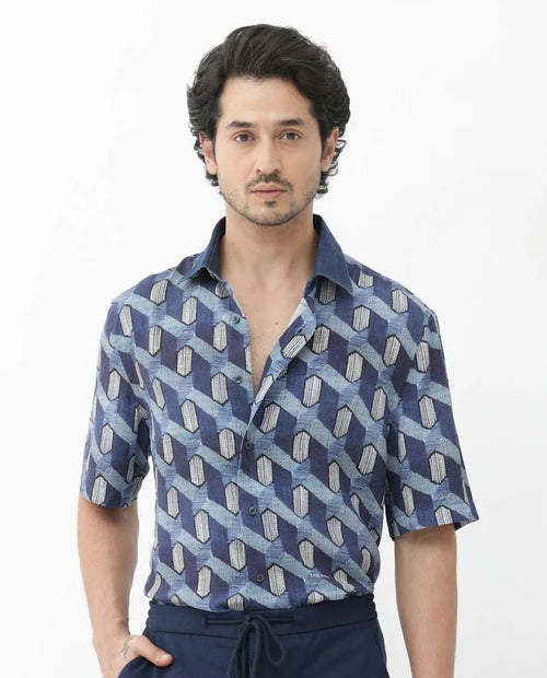 Geometric Print Viscose Boxy Shirt - Dark Blue